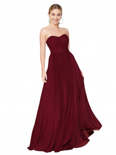 Cheap Sleeveless Strapless Chiffon Burgundy Long Formal Dress Canada