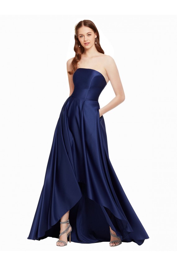 Cheap Sleeveless Strapless Satin Dark Navy Long High Low Formal Dress Canada