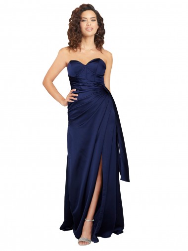 Cheap Sleeveless Strapless Silky Satin Sapphire Long Formal Dresses Canada