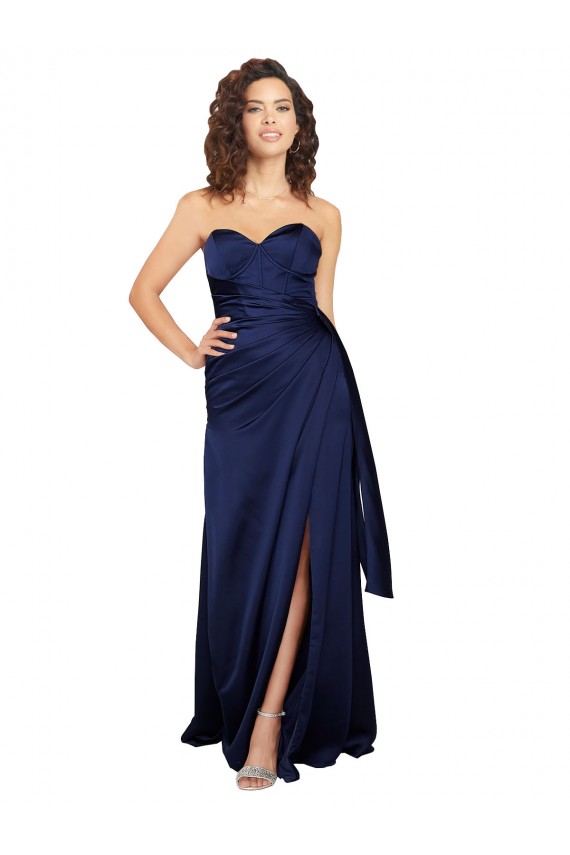 Cheap Sleeveless Strapless Silky Satin Sapphire Long Formal Dresses Canada