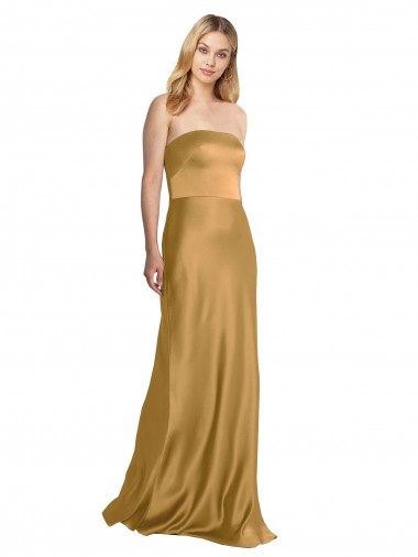 Cheap Sleeveless Strapless Stretch Satin Gold Long Formal Dress Canada