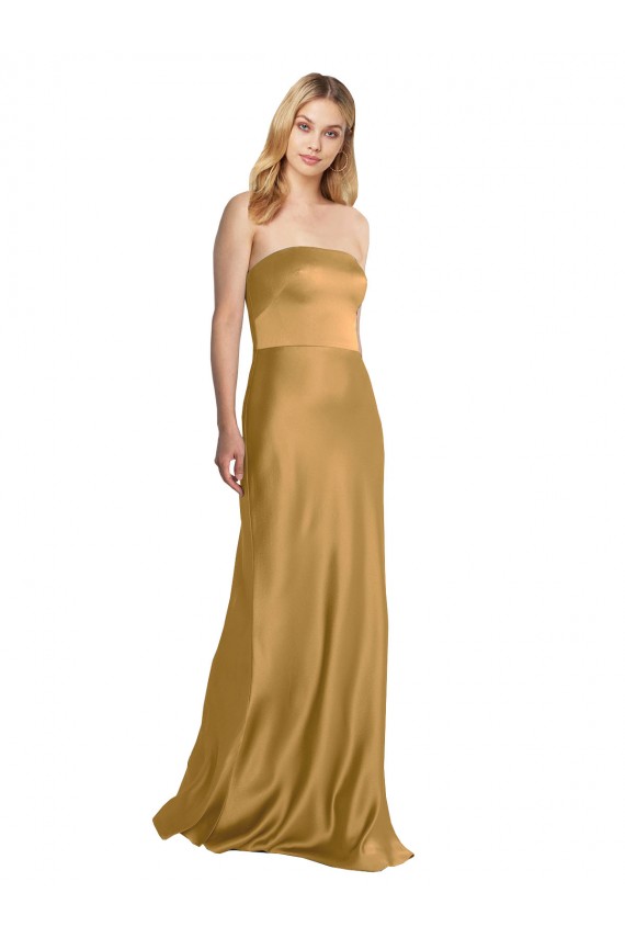 Cheap Sleeveless Strapless Stretch Satin Gold Long Formal Dress Canada