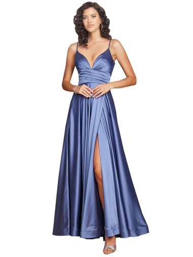 Cheap Sleeveless Sweetheart Silky Satin French Blue Long Black Tie Formal Dress Canada