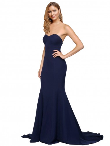 Cheap Sleeveless Sweetheart Stretch Crepe Dark Navy Sweep Train Formal Dress Canada