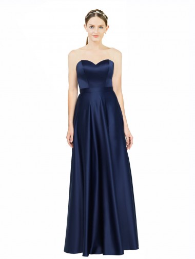 Cheap Sleeveless Sweetheart Stretch Satin Dark Navy Long Black Tie Formal Dress Canada