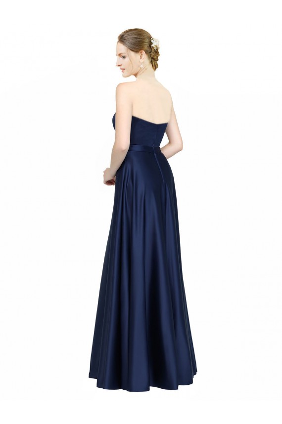Cheap Sleeveless Sweetheart Stretch Satin Dark Navy Long Black Tie Formal Dress Canada