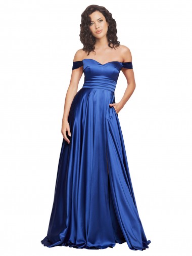 Cheap Sleeveless Sweetheart Stretch Satin Royal Blue Sweep Train Formal Dress Canada