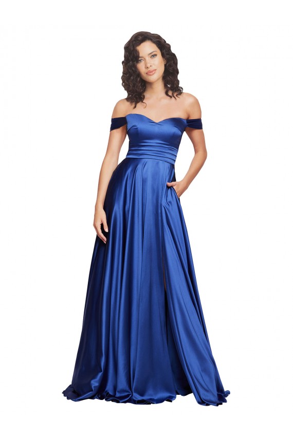 Cheap Sleeveless Sweetheart Stretch Satin Royal Blue Sweep Train Formal Dress Canada