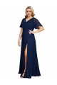 Cheap Short Flutter Sleeves V-Neck Chiffon Dark Navy Long Formal Plus Size Formal Dress Canada
