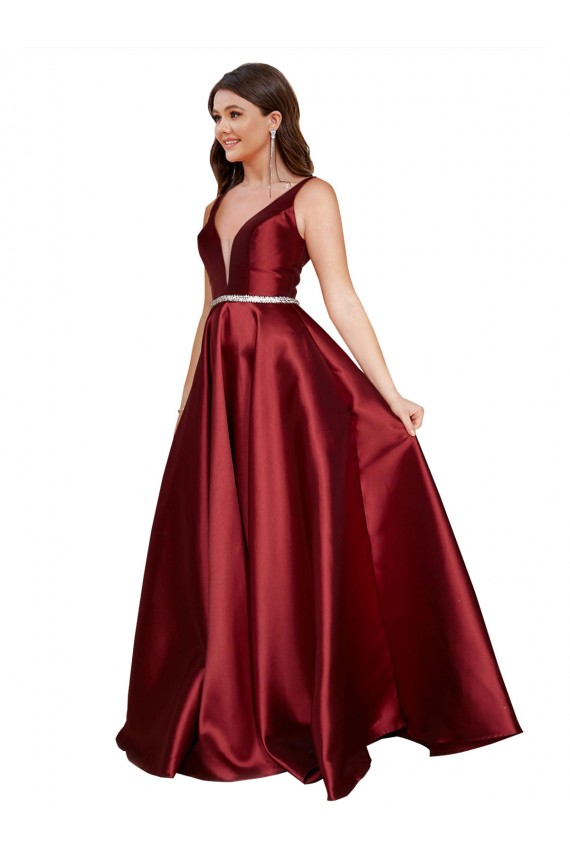 Cheap Sleeveless V-Neck Satin Burgundy Long Formal Plus Size Formal Dress Canada