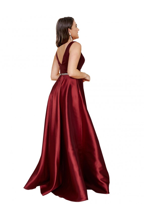 Cheap Sleeveless V-Neck Satin Burgundy Long Formal Plus Size Formal Dress Canada