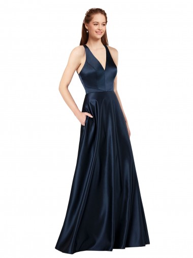 Cheap Sleeveless V-Neck Satin Dark Navy Long Formal Dresses Canada