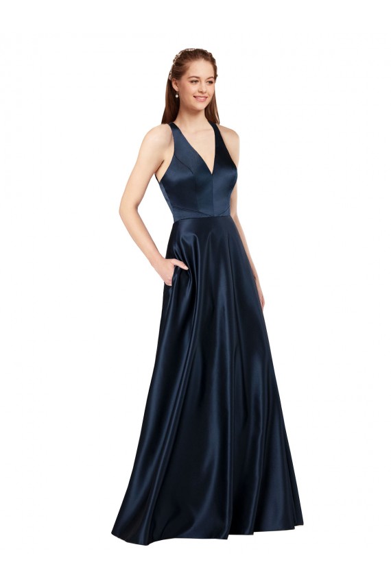 Cheap Sleeveless V-Neck Satin Dark Navy Long Formal Dresses Canada