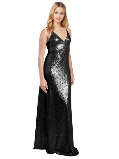 Cheap Sleeveless V-Neck Sequin Black Long Formal Dress Canada