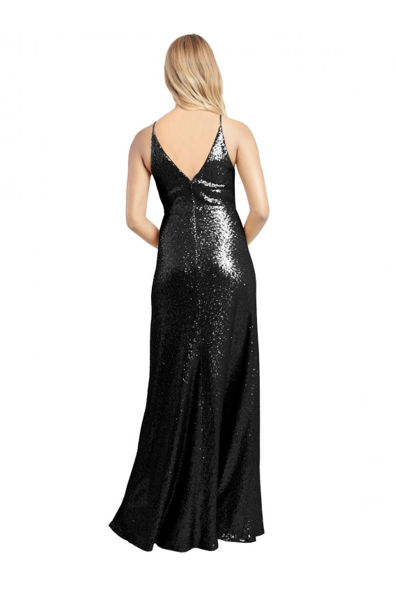 Cheap Sleeveless V-Neck Sequin Black Long Formal Dress Canada