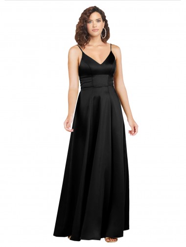 Cheap Sleeveless V-Neck Silky Satin Black Long Formal Gowns Canada