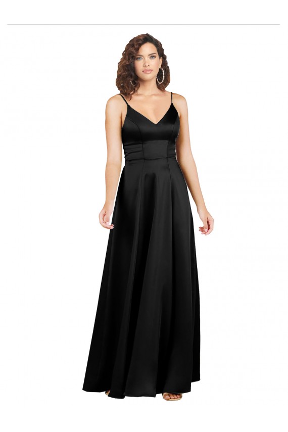 Cheap Sleeveless V-Neck Silky Satin Black Long Formal Gowns Canada