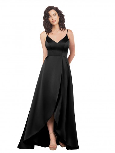 Cheap Sleeveless V-Neck Silky Satin Black Long High Low Formal Dress Canada