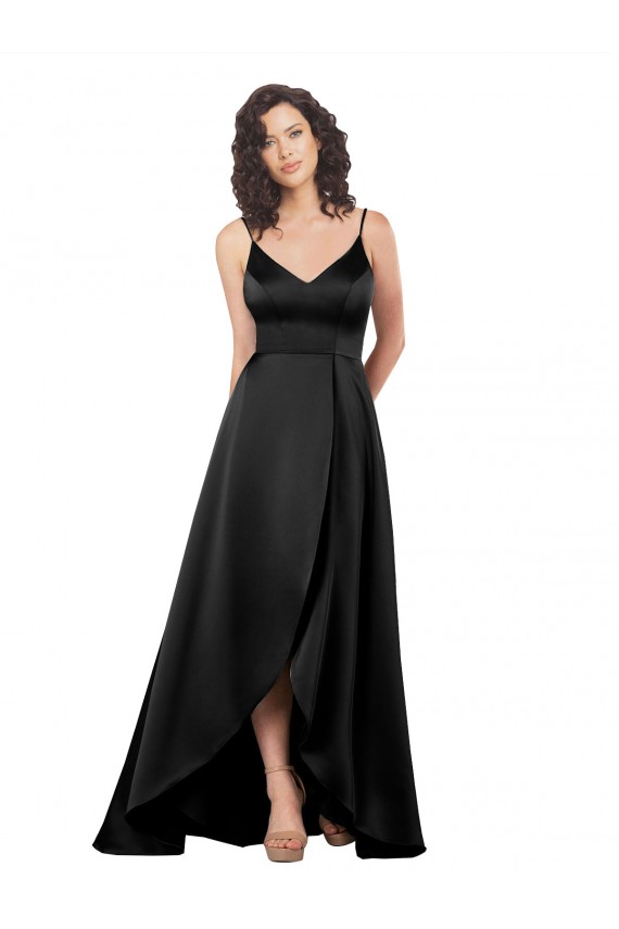 Cheap Sleeveless V-Neck Silky Satin Black Long High Low Formal Dress Canada