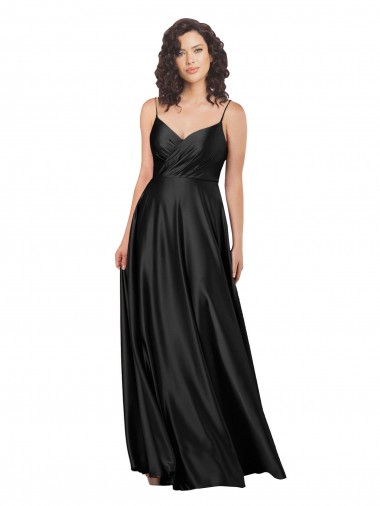 Cheap Sleeveless V-Neck Silky Satin Black Long Formal Dresses Canada