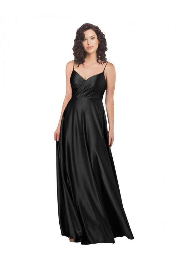 Cheap Sleeveless V-Neck Silky Satin Black Long Formal Dresses Canada