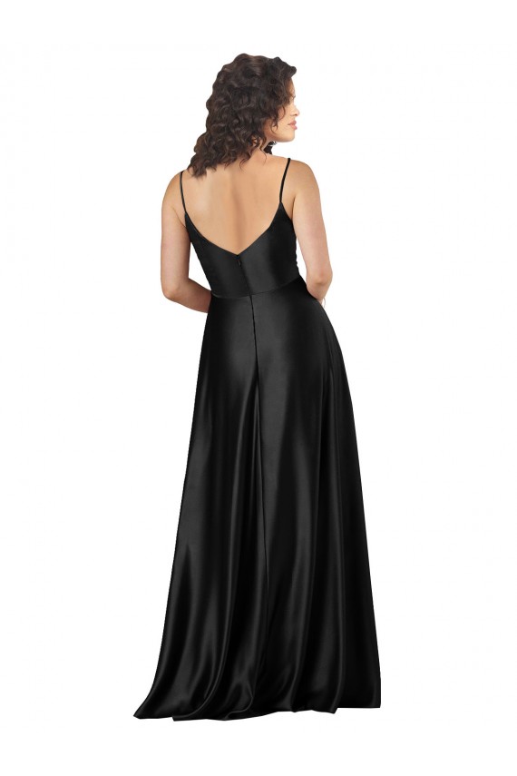 Cheap Sleeveless V-Neck Silky Satin Black Long Formal Dresses Canada