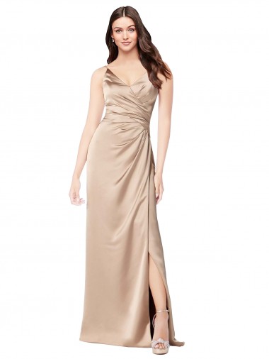 Cheap Sleeveless V-Neck Silky Satin Champagne Pink Long Formal Dress Canada