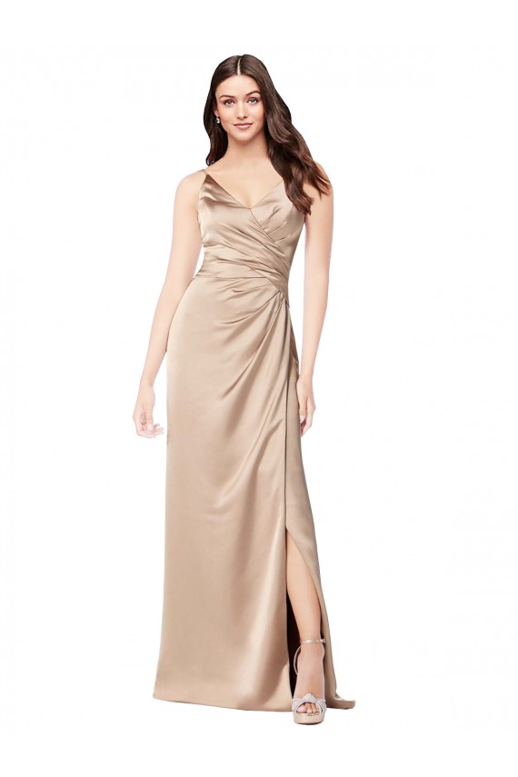 Cheap Sleeveless V-Neck Silky Satin Champagne Pink Long Formal Dress Canada