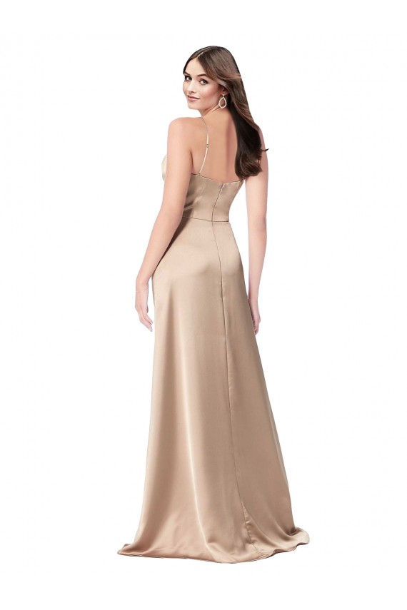 Cheap Sleeveless V-Neck Silky Satin Champagne Pink Long Formal Dress Canada