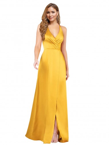 Cheap Sleeveless V-Neck Silky Satin Long Formal Dress Canada