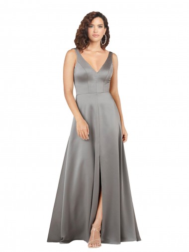 Cheap Sleeveless V-Neck Silky Satin Pearl Grey Long Formal Dress Canada