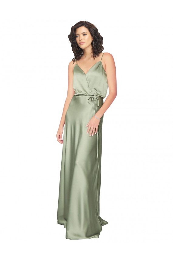 Cheap Sleeveless V-Neck Silky Satin Smoke Green Long Formal Dress Canada