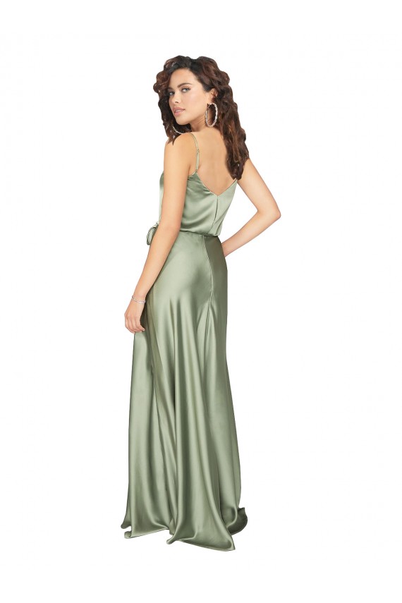 Cheap Sleeveless V-Neck Silky Satin Smoke Green Long Formal Dress Canada