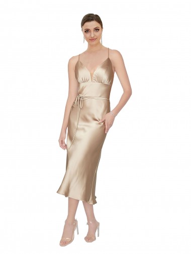 Cheap Sleeveless V-Neck Silky Satin Midi Length Formal Dress Canada
