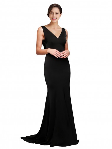 Cheap Sleeveless V-Neck Silky Satin Black Sweep Train Formal Dress Canada
