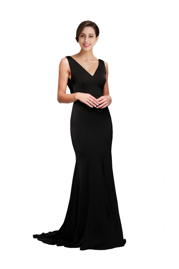 Cheap Sleeveless V-Neck Silky Satin Black Sweep Train Formal Dress Canada