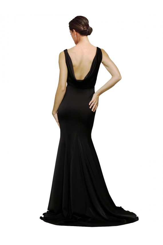Cheap Sleeveless V-Neck Silky Satin Black Sweep Train Formal Dress Canada