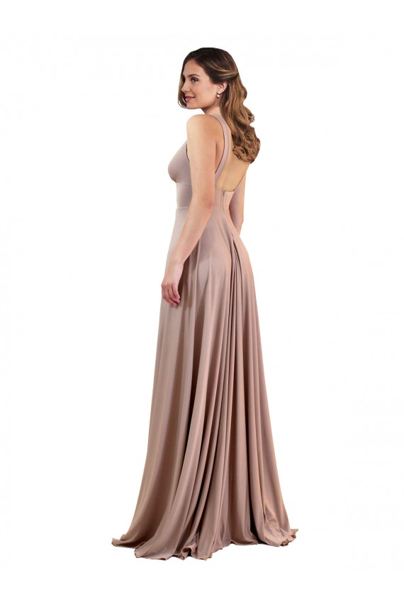 Cheap Sleeveless V-Neck Spandex Dusty Pink Long Black Tie Formal Dress Canada