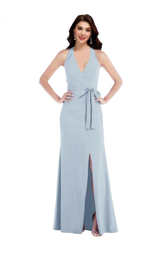 Cheap Sleeveless V-Neck Stretch Crepe Light Sky Blue Long Formal Gowns Canada
