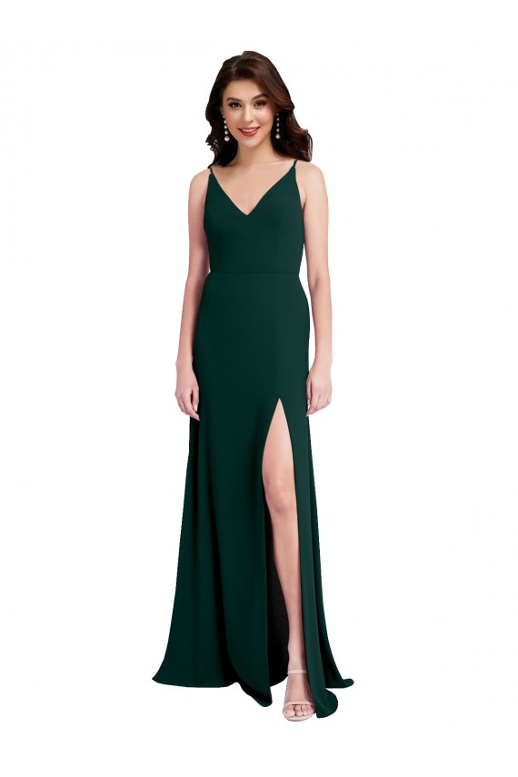 Cheap Sleeveless V-Neck Stretch Crepe Midnight Green Long Formal Dresses Canada