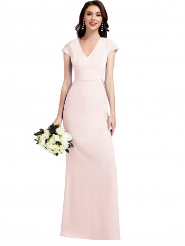 Cheap Cap Sleeves V-Neck Stretch Crepe Pink Long Formal Dress Canada