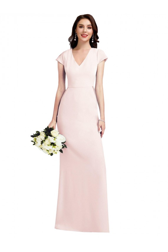 Cheap Cap Sleeves V-Neck Stretch Crepe Pink Long Formal Dress Canada