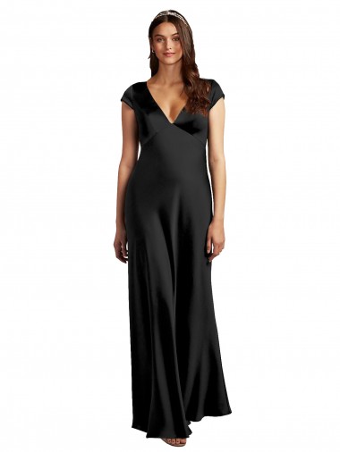 Cheap Cap Sleeves V-Neck Stretch Satin Black Long Formal Dress Canada