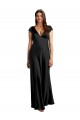 Cheap Cap Sleeves V-Neck Stretch Satin Black Long Formal Dress Canada