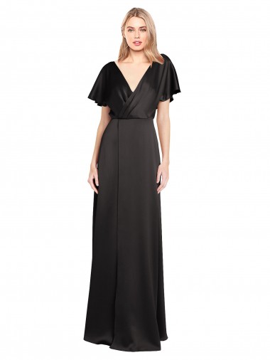 Cheap Cap Sleeves V-Neck Stretch Satin Black Long Formal Dresses Canada
