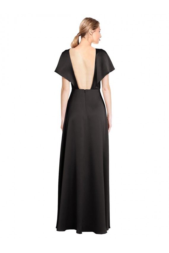 Cheap Cap Sleeves V-Neck Stretch Satin Black Long Formal Dresses Canada