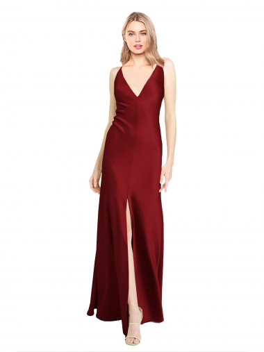 Cheap Sleeveless V-Neck Stretch Satin Burgundy Long Black Tie Formal Dress Canada