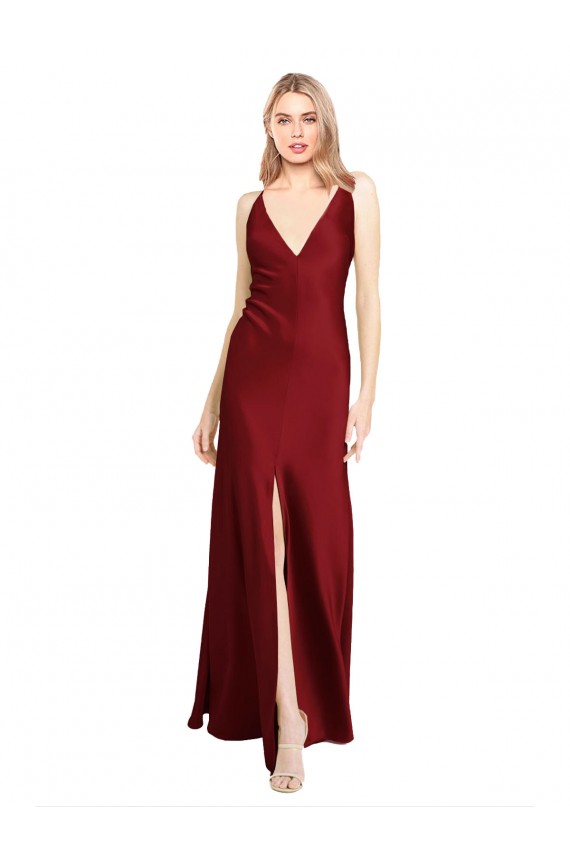 Cheap Sleeveless V-Neck Stretch Satin Burgundy Long Black Tie Formal Dress Canada