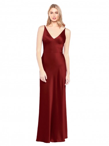 Cheap Sleeveless V-Neck Stretch Satin Burgundy Long Formal Dresses Canada