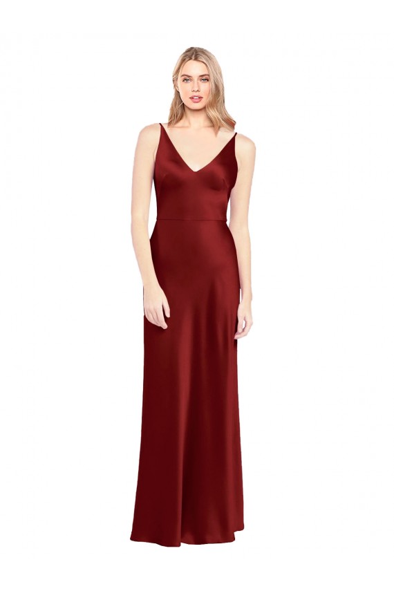 Cheap Sleeveless V-Neck Stretch Satin Burgundy Long Formal Dresses Canada